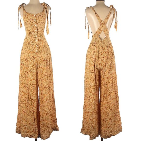 Free People Yellow Sugar Sands Jumpsuit Wide Leg Floral Print Smocked Size XS‎ - Picture 3 of 16